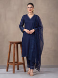 Women's Navy Blue Embroidered Kurta Set with Dupatta | Elegant Straight Ethnic Suit