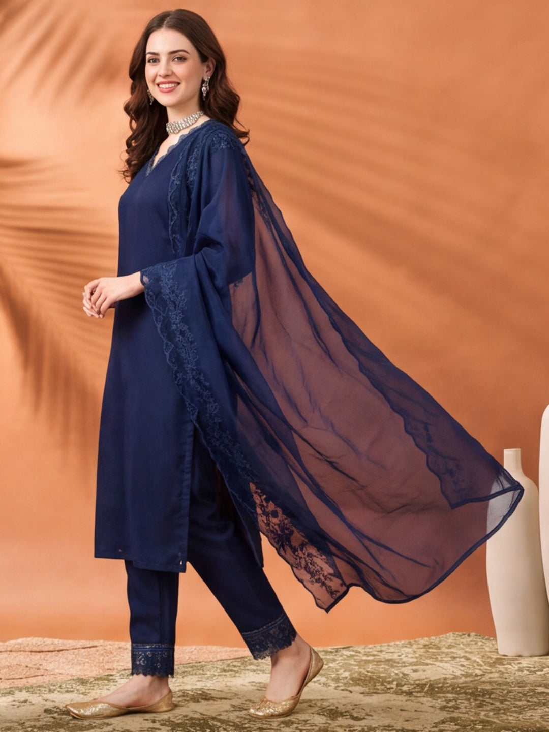 Women's Navy Blue Embroidered Kurta Set with Dupatta | Elegant Straight Ethnic Suit