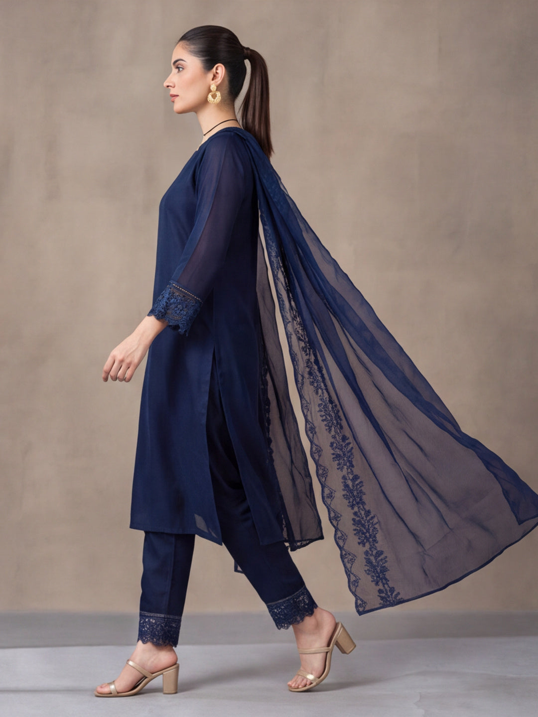 Women's Navy Blue Embroidered Kurta Set with Dupatta | Elegant Straight Ethnic Suit
