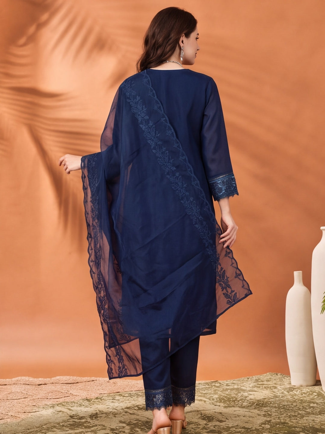 Women's Navy Blue Embroidered Kurta Set with Dupatta | Elegant Straight Ethnic Suit