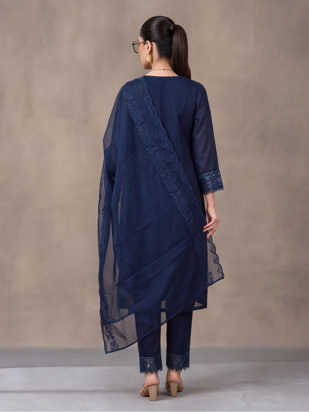 Women's Navy Blue Embroidered Kurta Set with Dupatta | Elegant Straight Ethnic Suit
