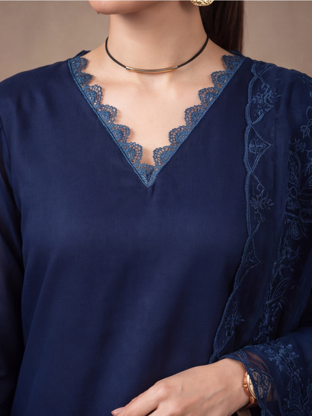 Women's Navy Blue Embroidered Kurta Set with Dupatta | Elegant Straight Ethnic Suit