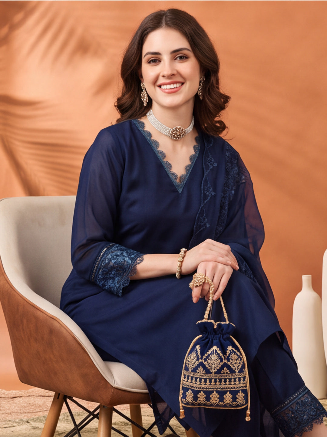 Women's Navy Blue Embroidered Kurta Set with Dupatta | Elegant Straight Ethnic Suit
