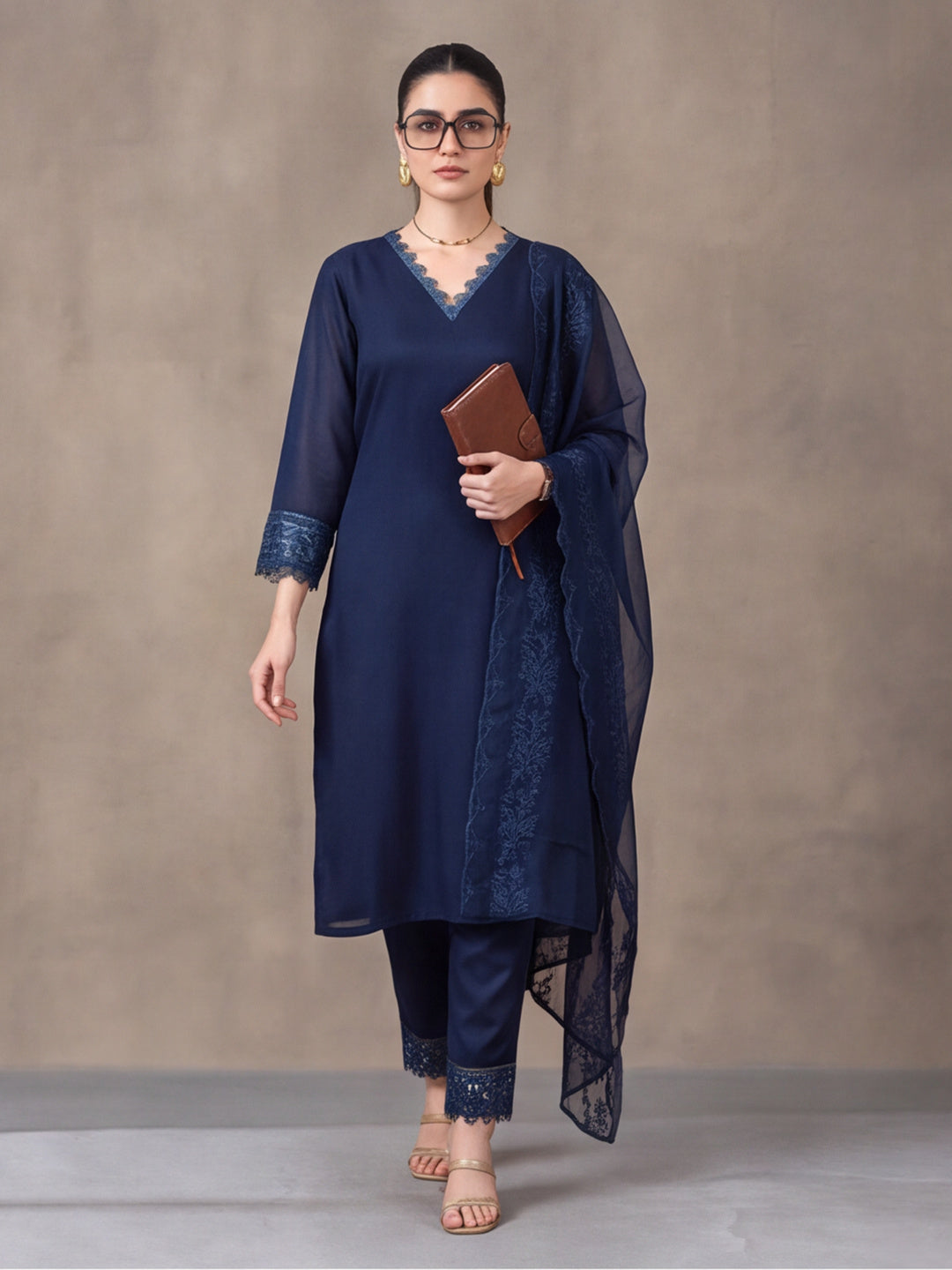 Women's Navy Blue Embroidered Kurta Set with Dupatta | Elegant Straight Ethnic Suit
