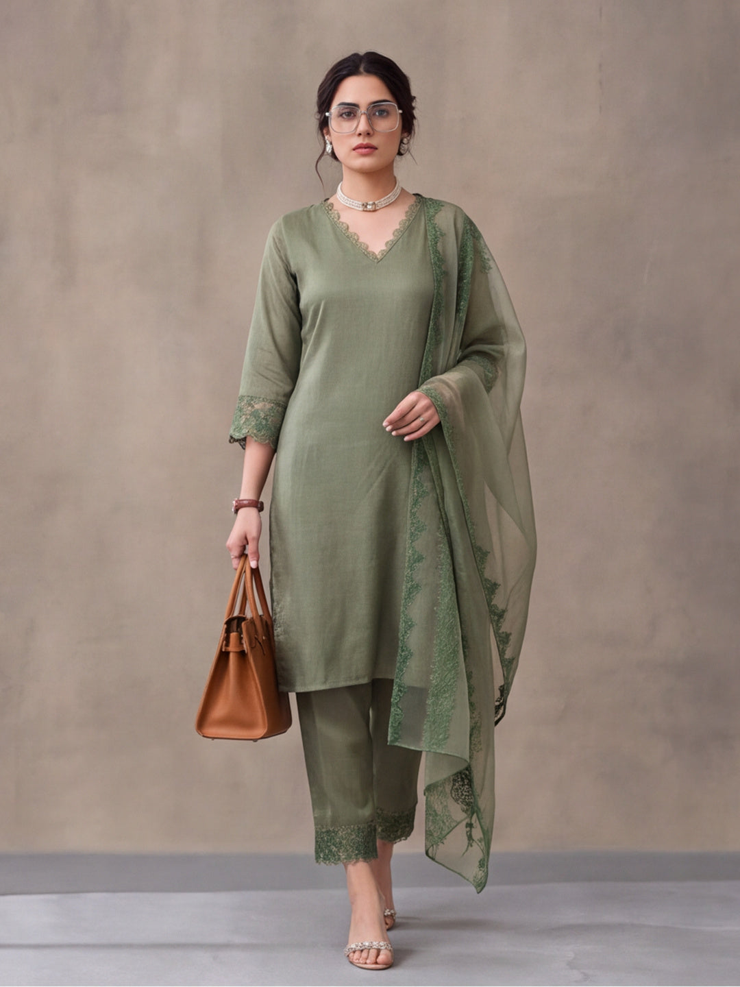 Women's Mehandi Embroidered Kurta Set with Dupatta | Elegant Straight Ethnic Suit