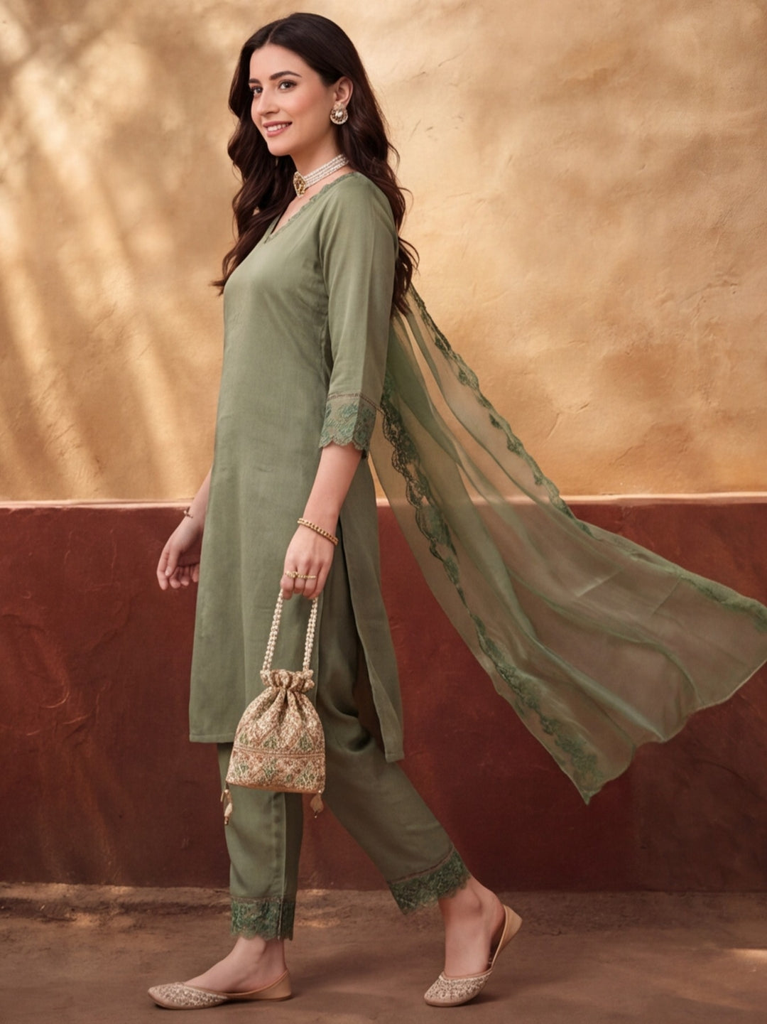 Women's Mehandi Embroidered Kurta Set with Dupatta | Elegant Straight Ethnic Suit