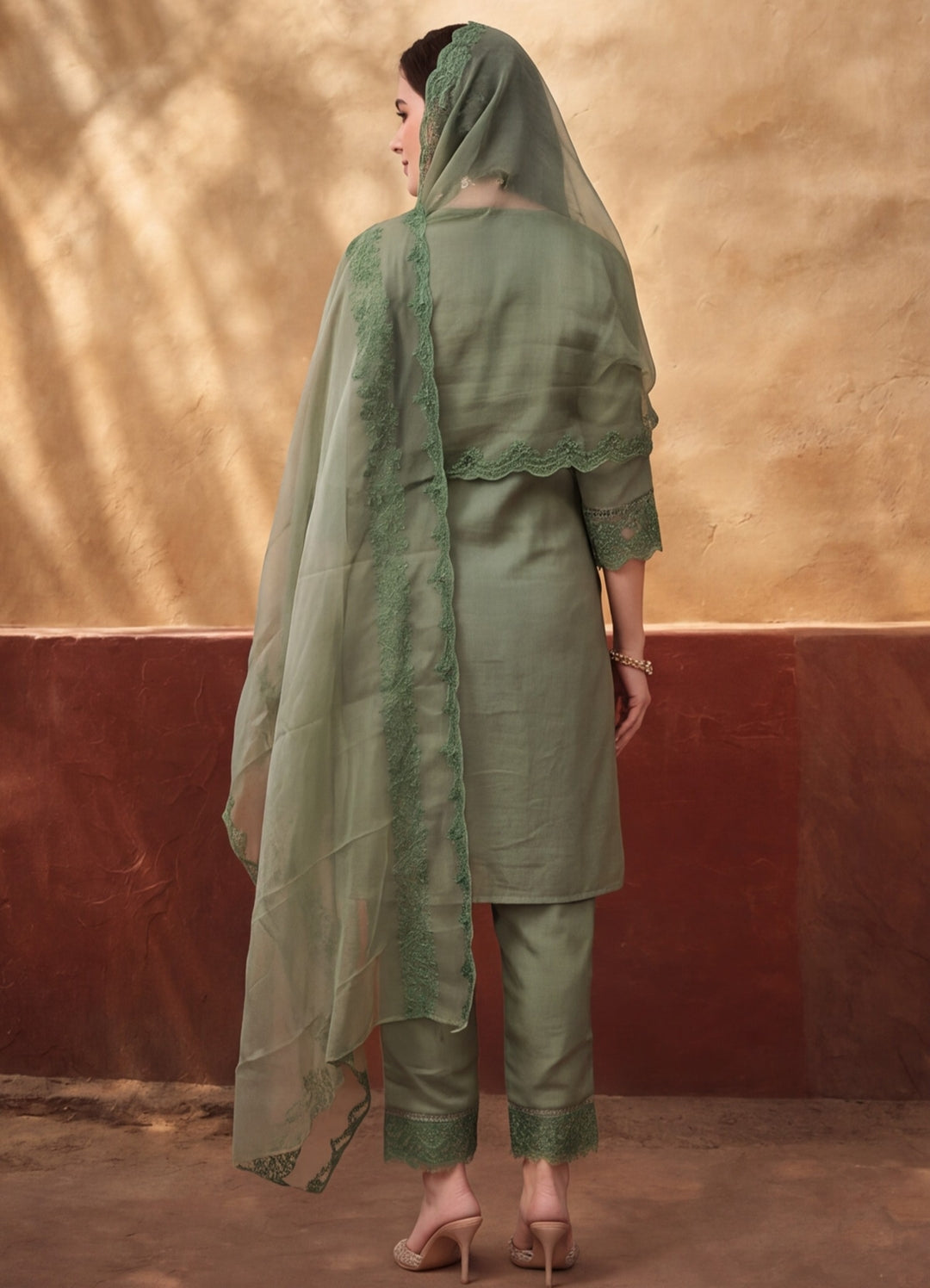 Women's Mehandi Embroidered Kurta Set with Dupatta | Elegant Straight Ethnic Suit