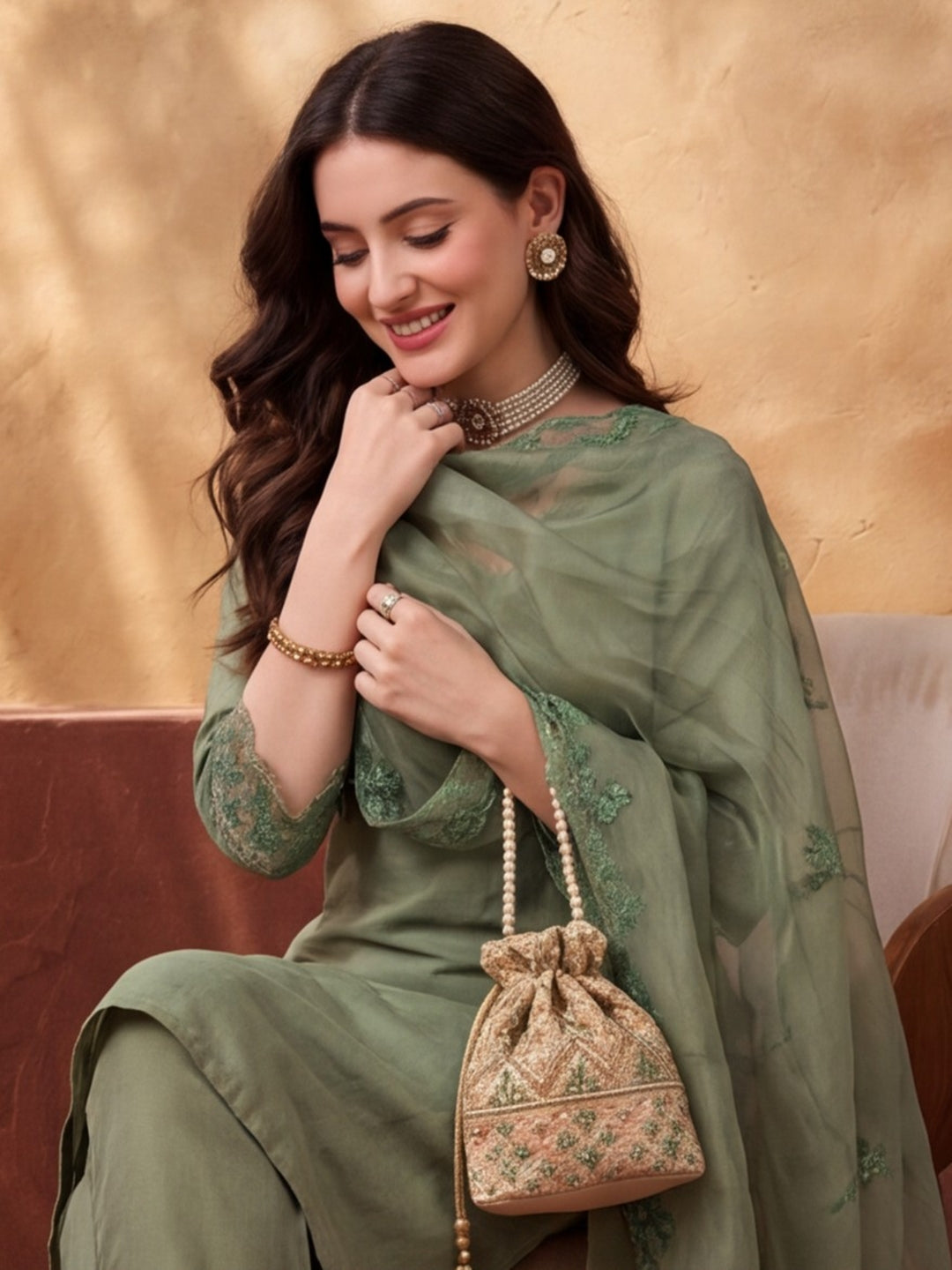 Women's Mehandi Embroidered Kurta Set with Dupatta | Elegant Straight Ethnic Suit