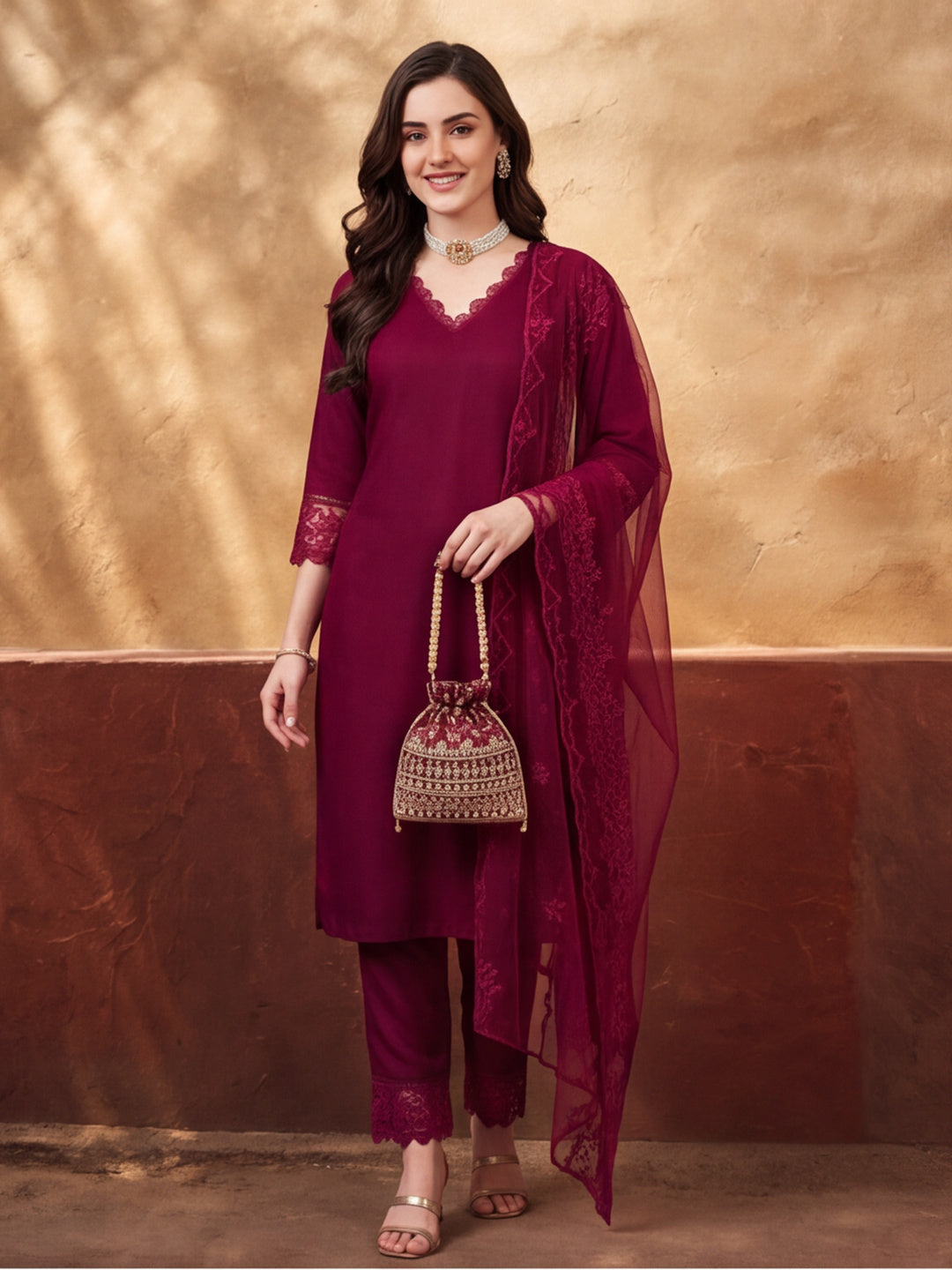 Women's Maroon Embroidered Kurta Set with Dupatta | Elegant Straight Ethnic Suit