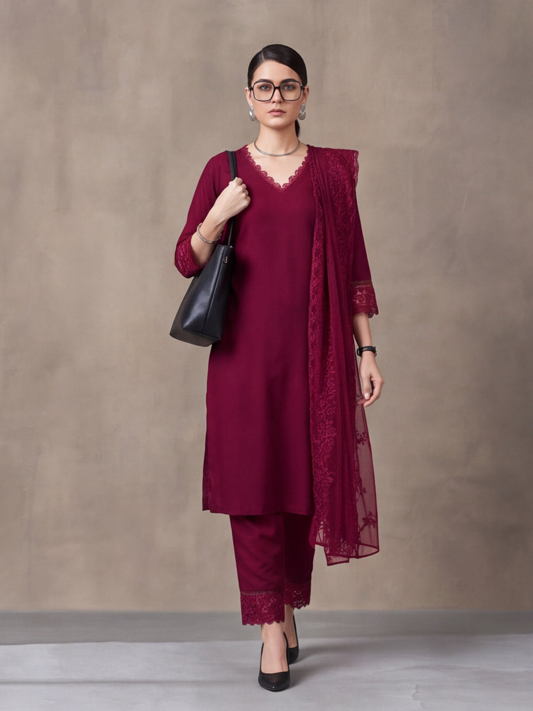 Women's Maroon Embroidered Kurta Set with Dupatta | Elegant Straight Ethnic Suit