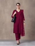 Women's Maroon Embroidered Kurta Set with Dupatta | Elegant Straight Ethnic Suit