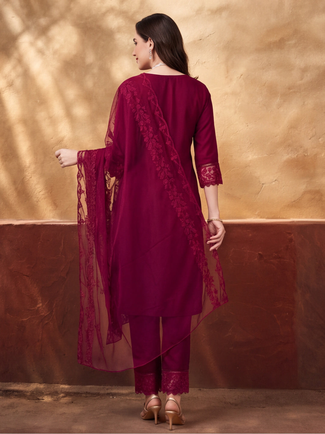 Women's Maroon Embroidered Kurta Set with Dupatta | Elegant Straight Ethnic Suit