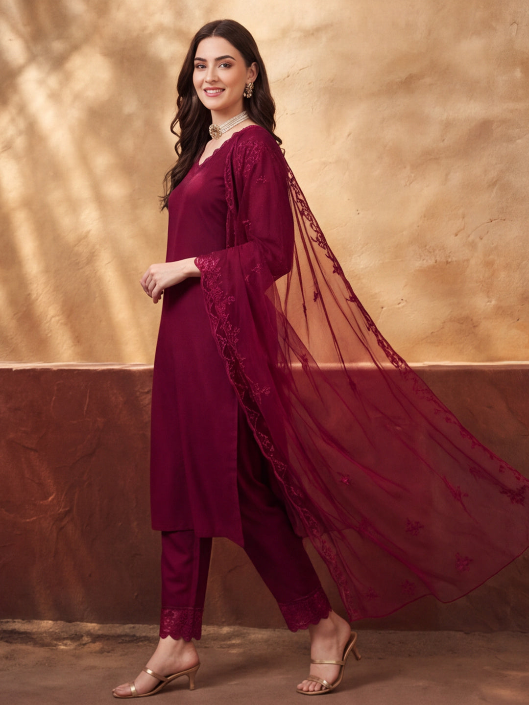 Women's Maroon Embroidered Kurta Set with Dupatta | Elegant Straight Ethnic Suit