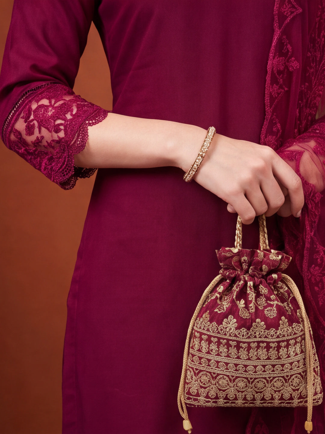 Women's Maroon Embroidered Kurta Set with Dupatta | Elegant Straight Ethnic Suit