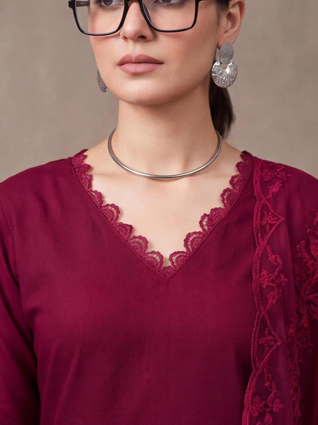 Women's Maroon Embroidered Kurta Set with Dupatta | Elegant Straight Ethnic Suit