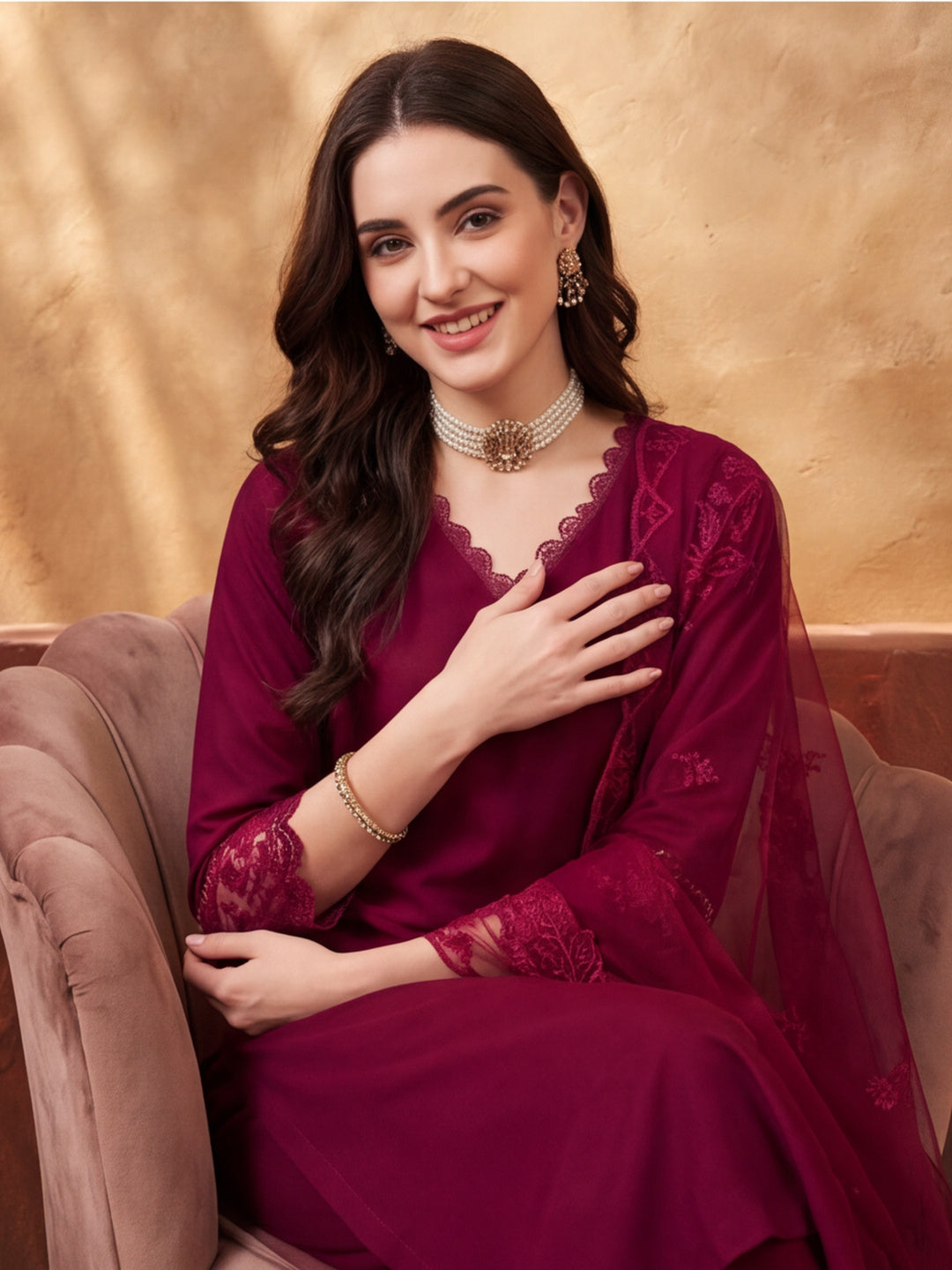 Women's Maroon Embroidered Kurta Set with Dupatta | Elegant Straight Ethnic Suit