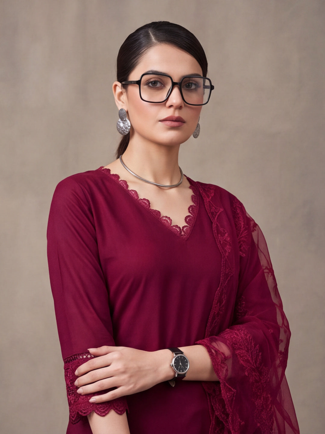 Women's Maroon Embroidered Kurta Set with Dupatta | Elegant Straight Ethnic Suit