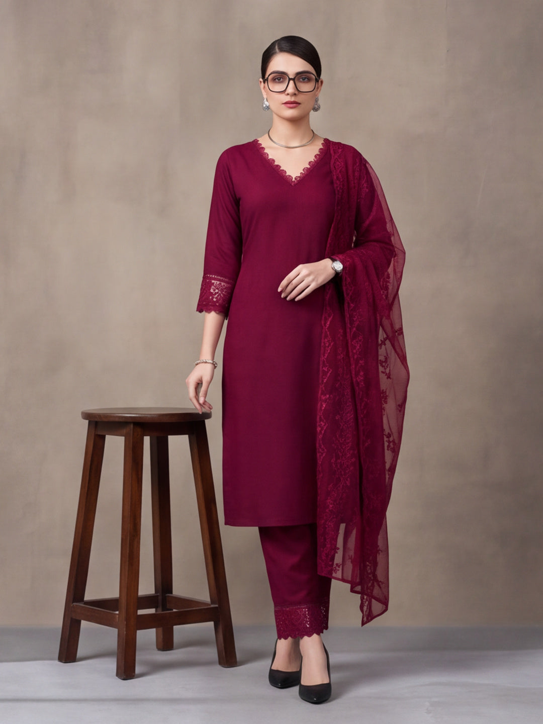 Women's Maroon Embroidered Kurta Set with Dupatta | Elegant Straight Ethnic Suit