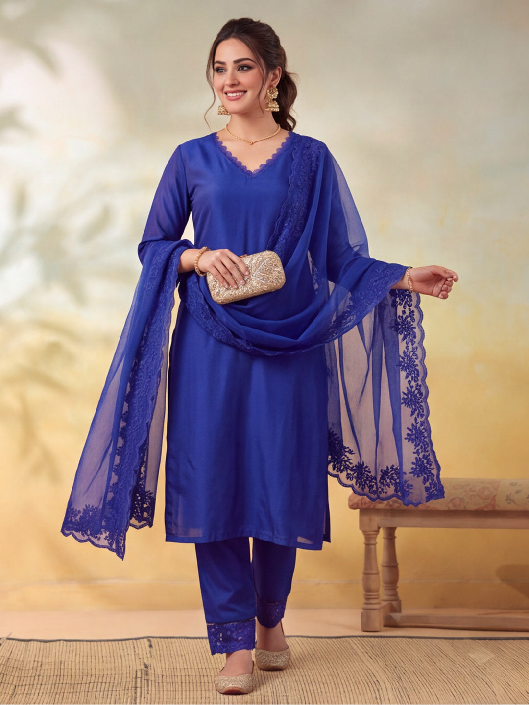 Women Embellished Royal Blue Kurta Set with Dupatta