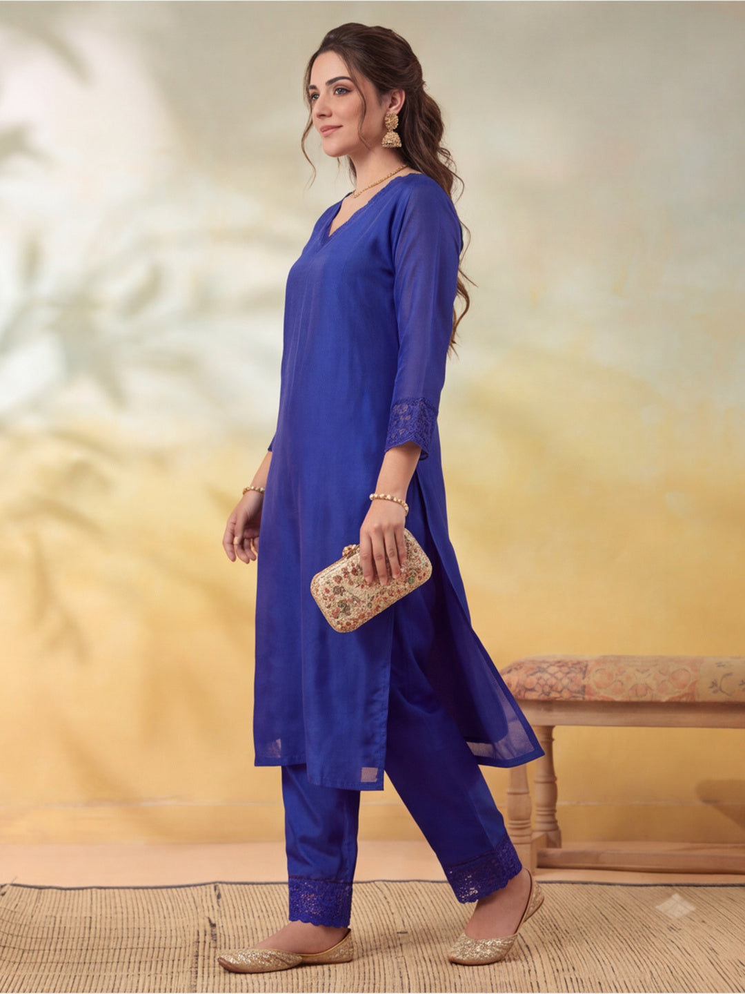 Women Embellished Royal Blue Kurta Set with Dupatta