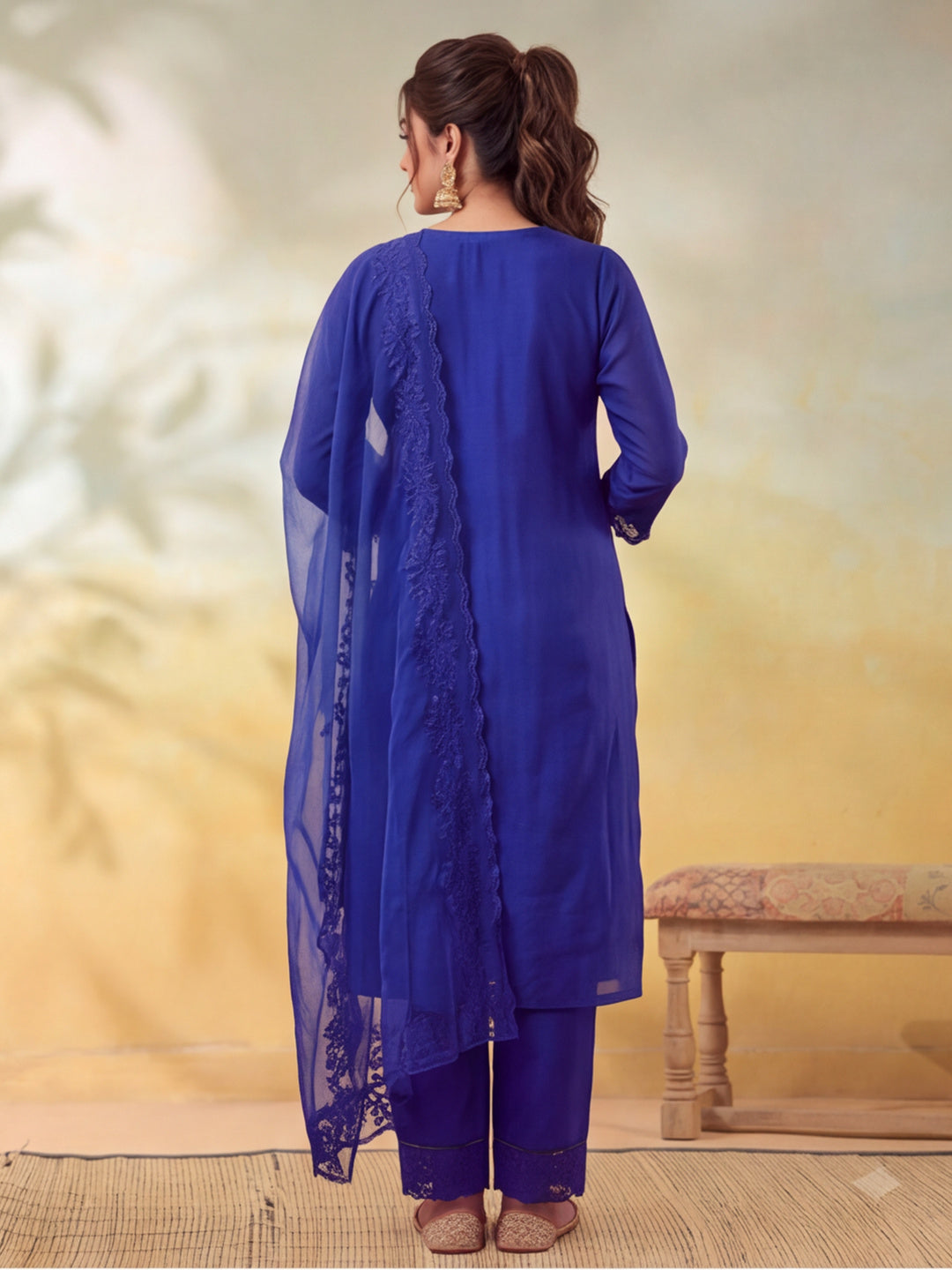 Women Embellished Royal Blue Kurta Set with Dupatta