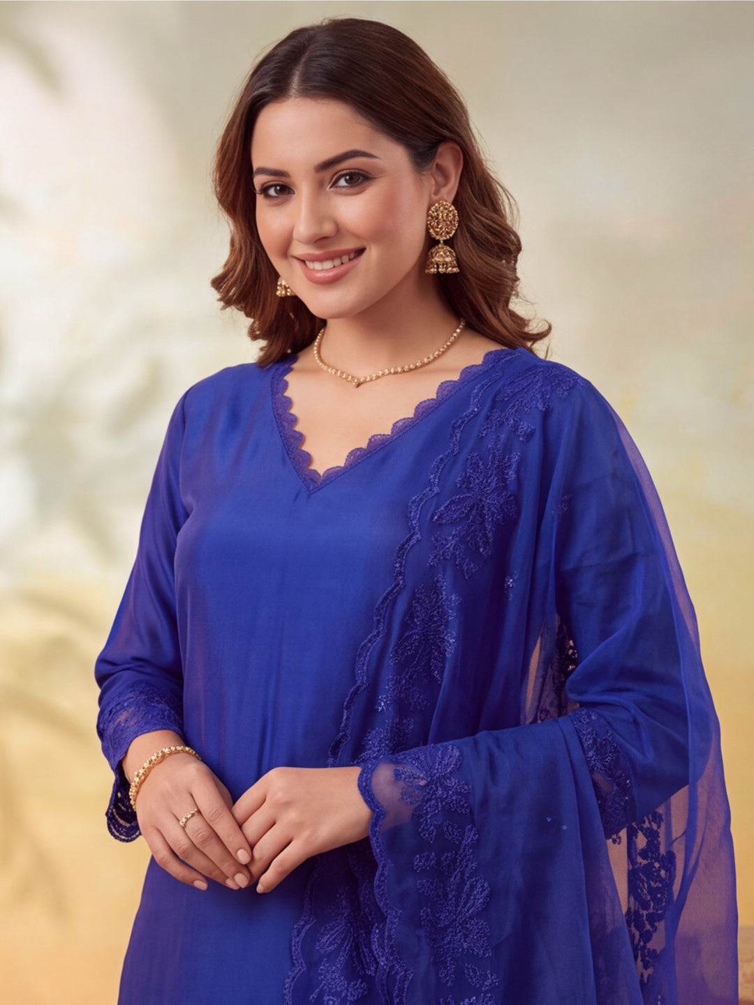 Women Embellished Royal Blue Kurta Set with Dupatta