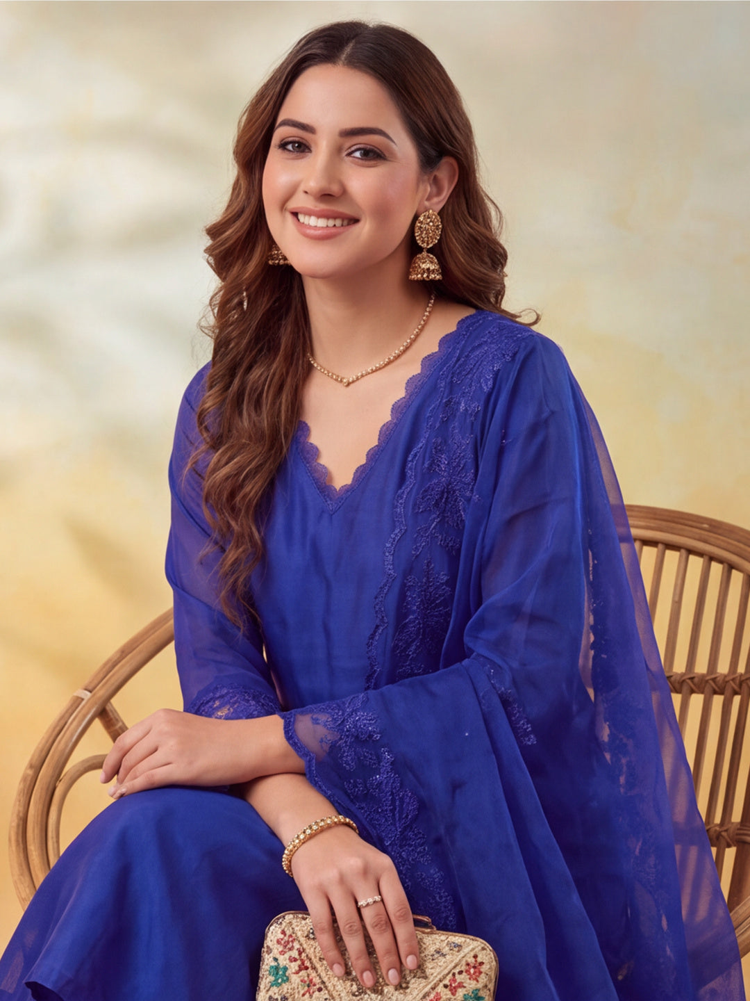 Women Embellished Royal Blue Kurta Set with Dupatta