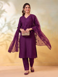Women Embellished Wine Kurta Set with Dupatta