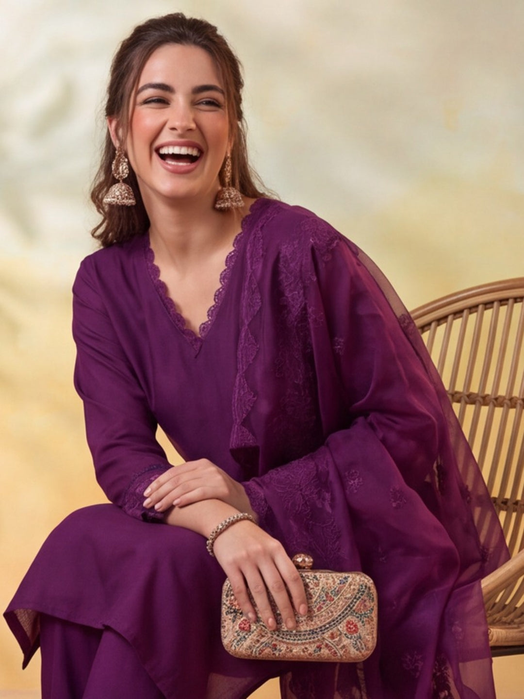 Women Embellished Wine Kurta Set with Dupatta