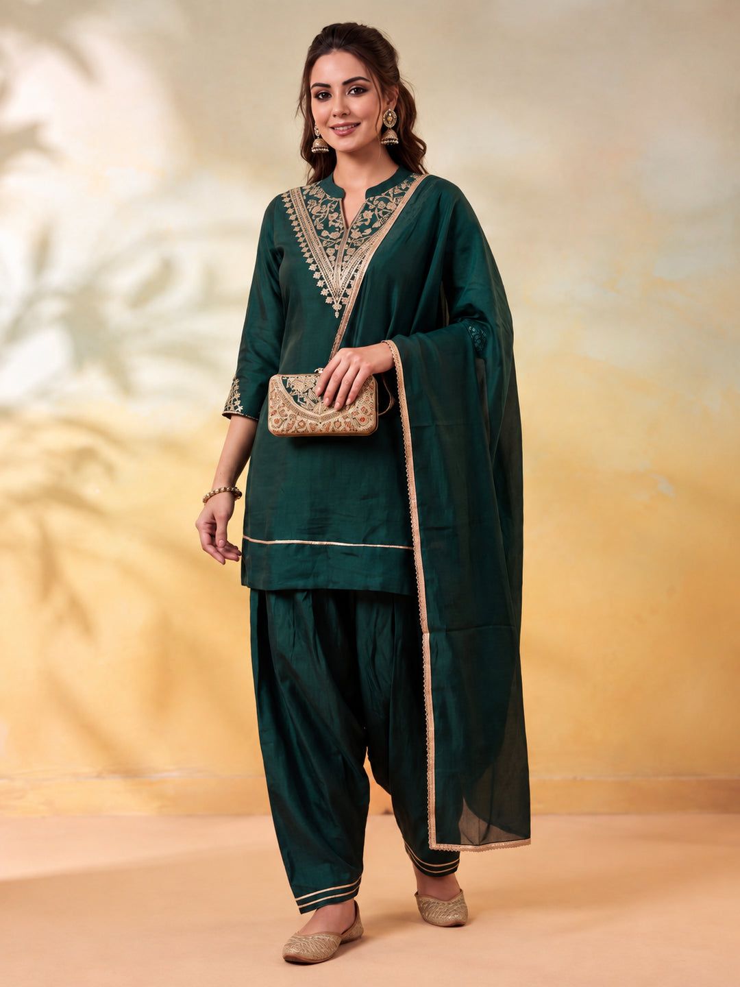 Women Embroidery Bottle Green Kurta Set with Dupatta