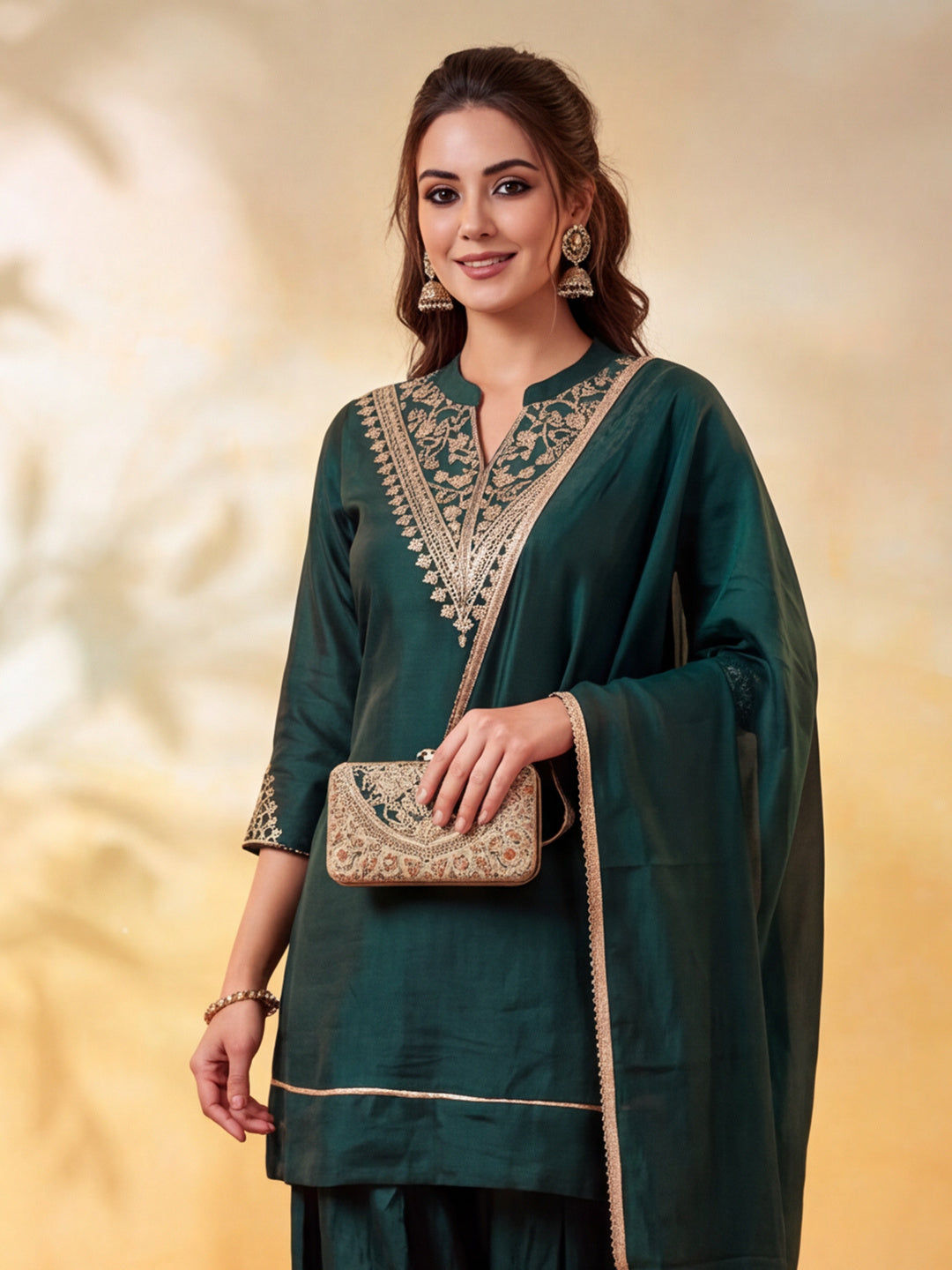 Women Embroidery Bottle Green Kurta Set with Dupatta