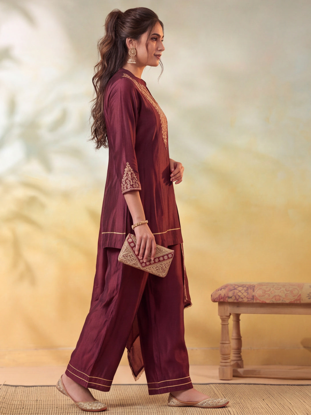 Women Embroidery Brown Kurta Set with Dupatta