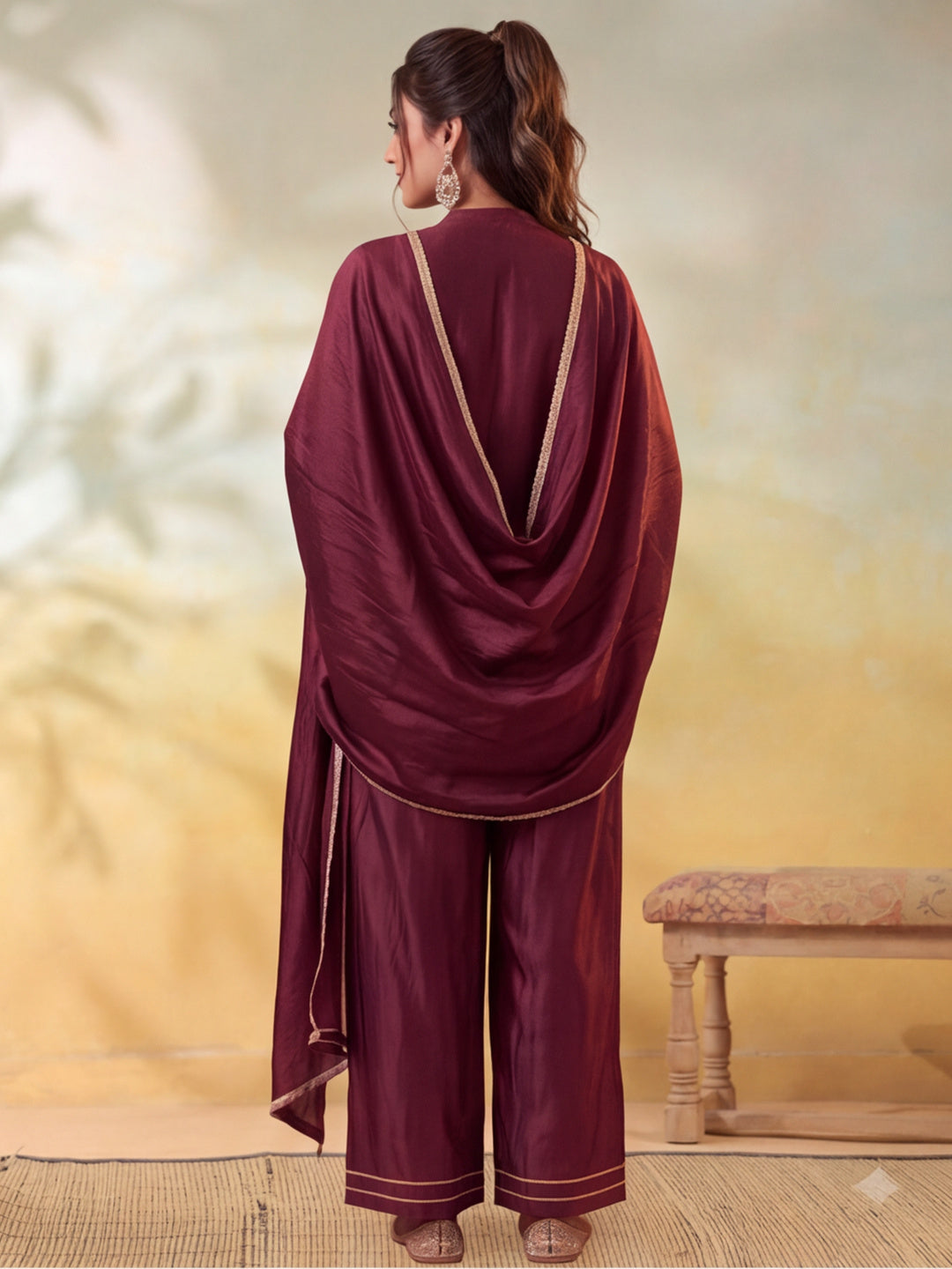Women Embroidery Brown Kurta Set with Dupatta