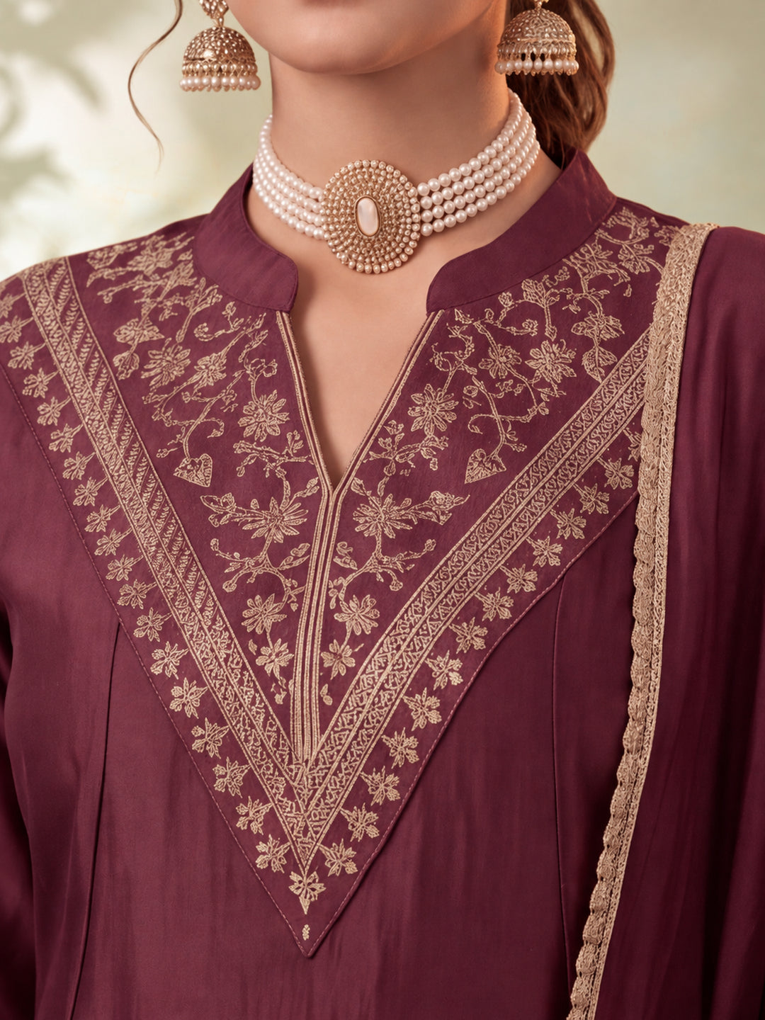 Women Embroidery Brown Kurta Set with Dupatta
