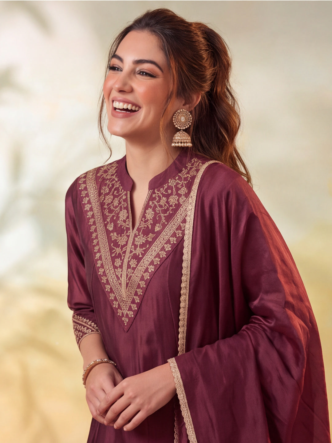 Women Embroidery Brown Kurta Set with Dupatta
