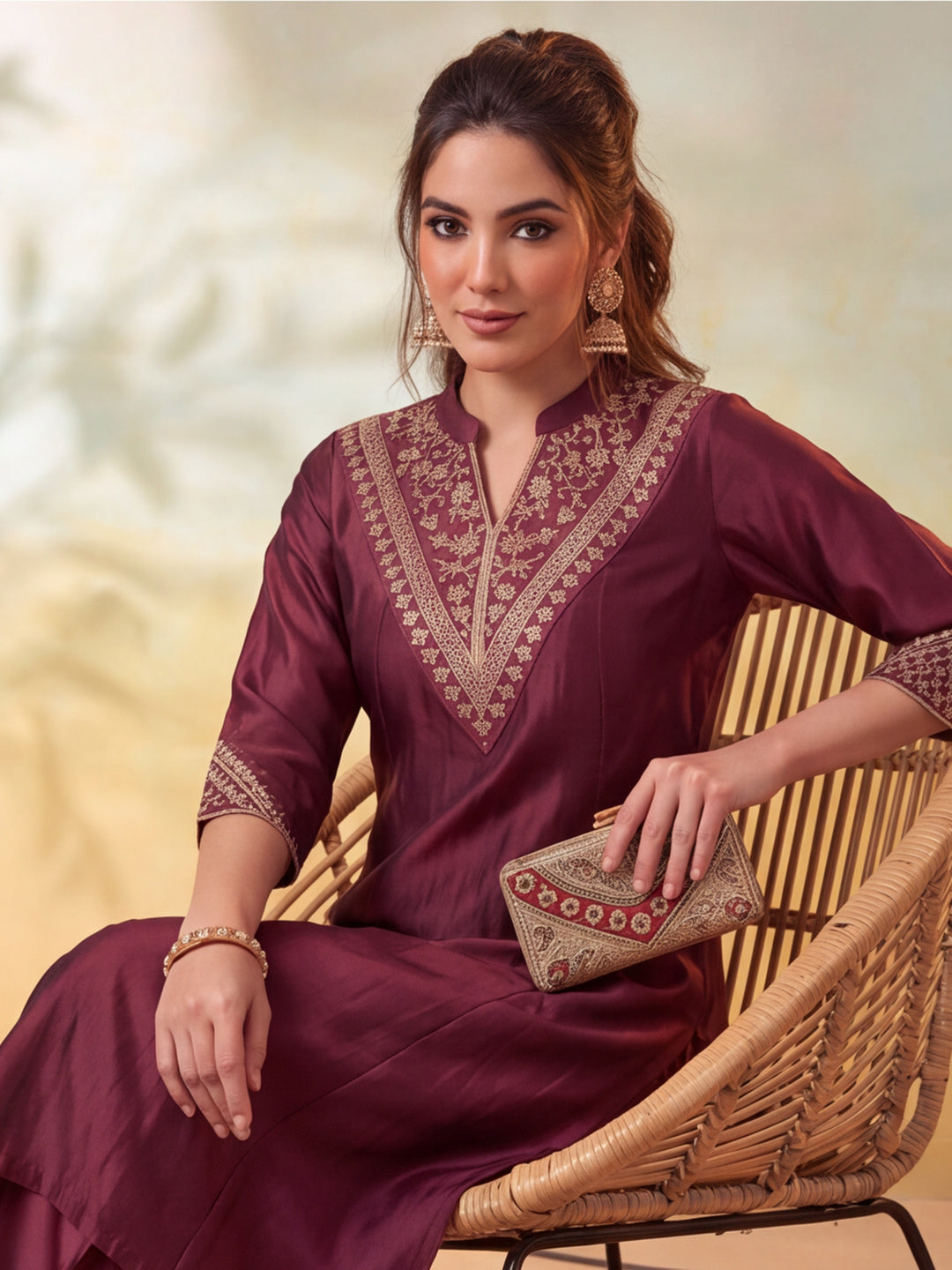 Women Embroidery Brown Kurta Set with Dupatta