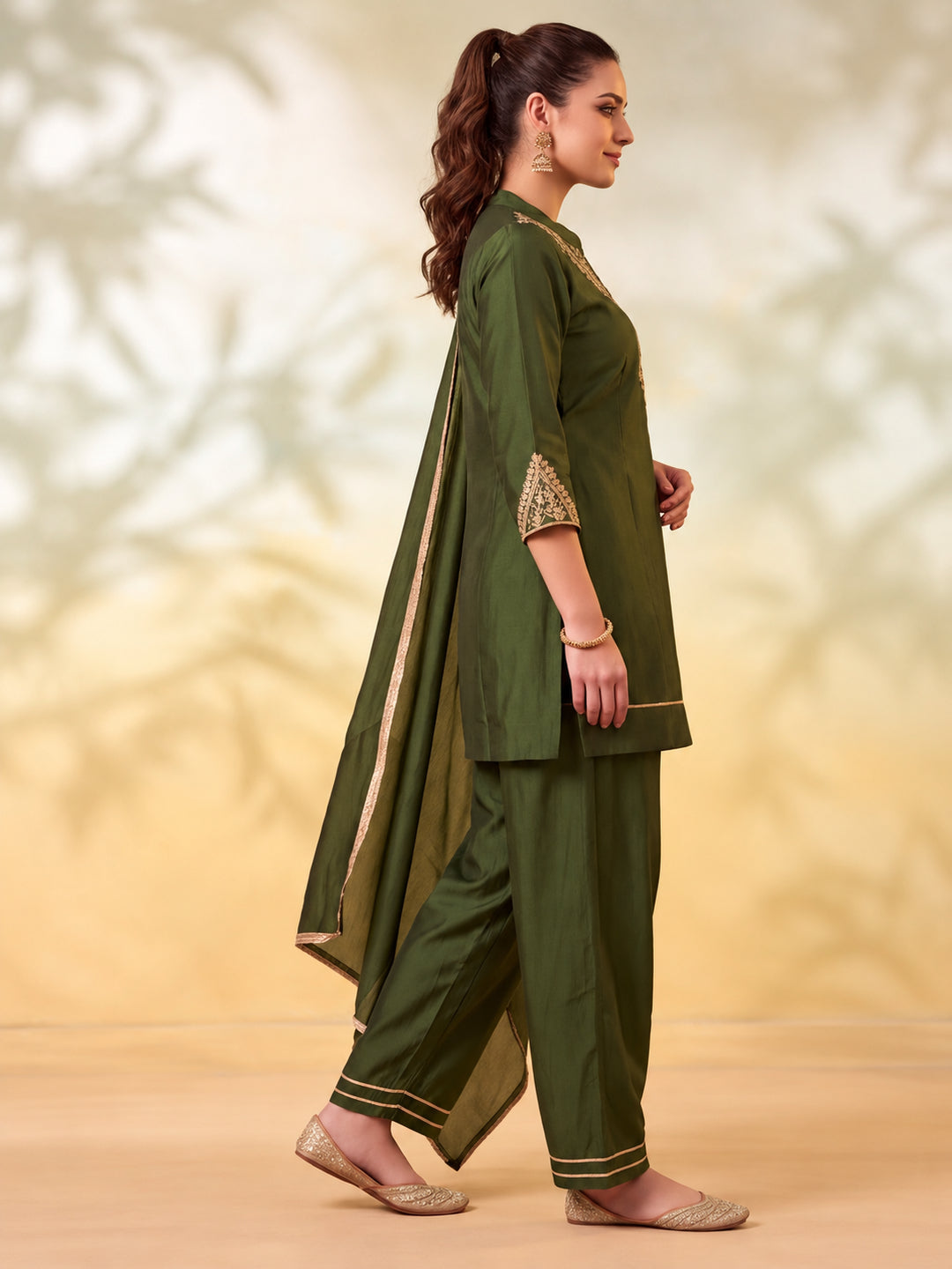 Women Embroidery Mehndi Green Kurta Set with Dupatta