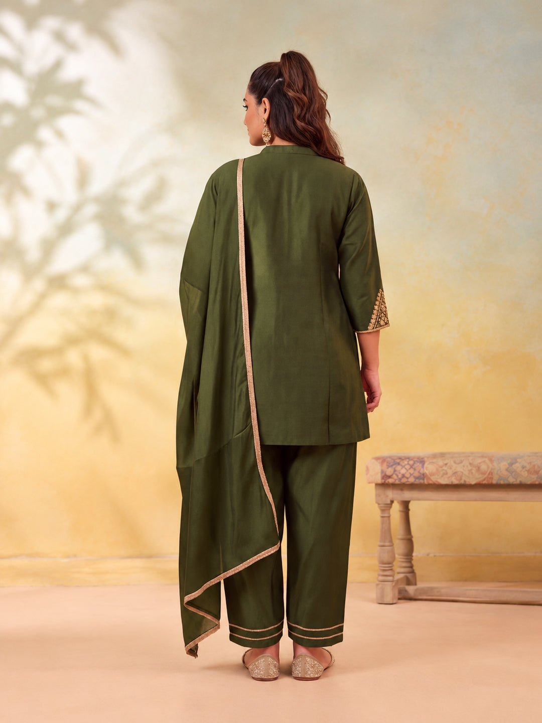 Women Embroidery Mehndi Green Kurta Set with Dupatta