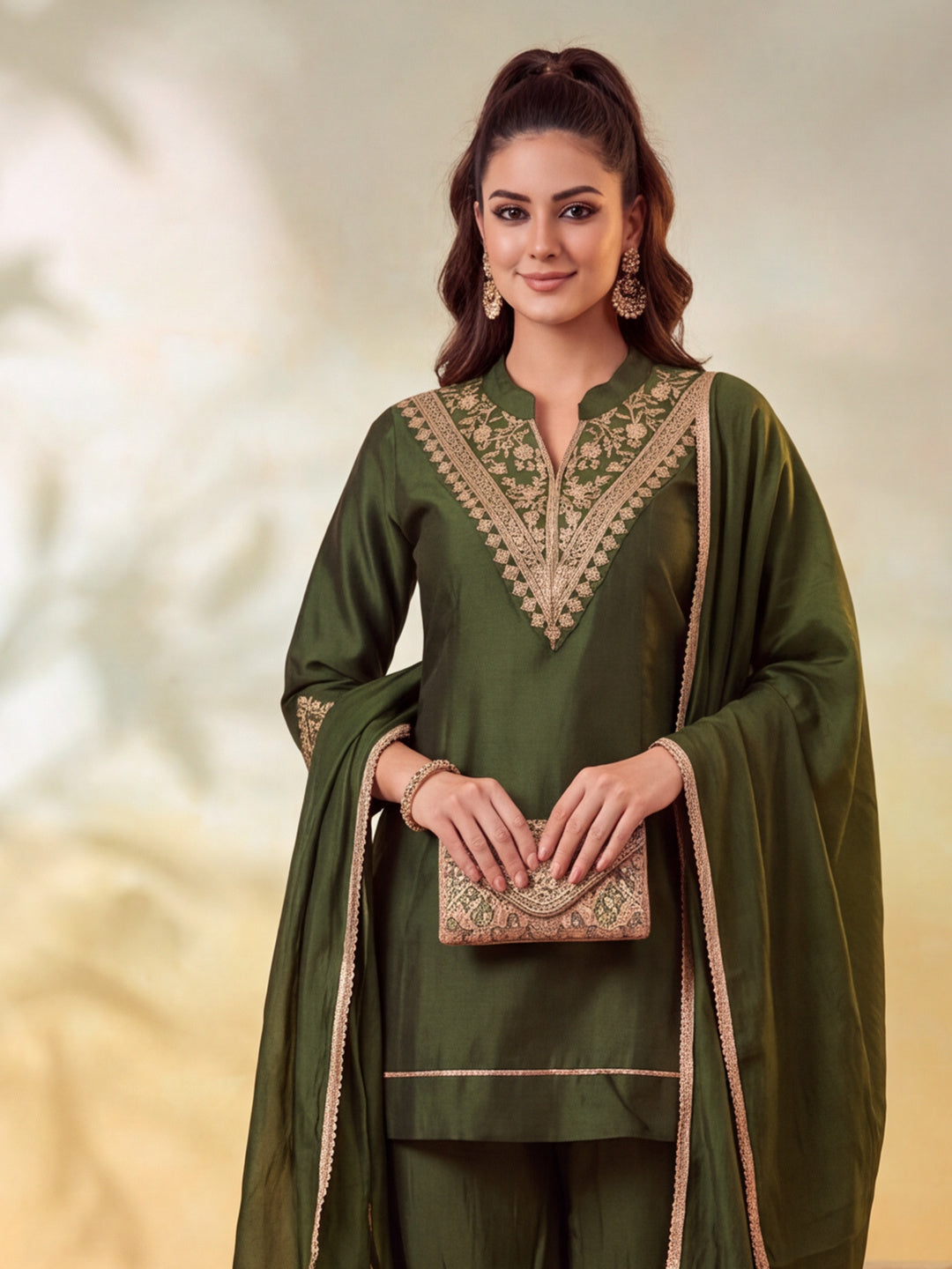 Women Embroidery Mehndi Green Kurta Set with Dupatta