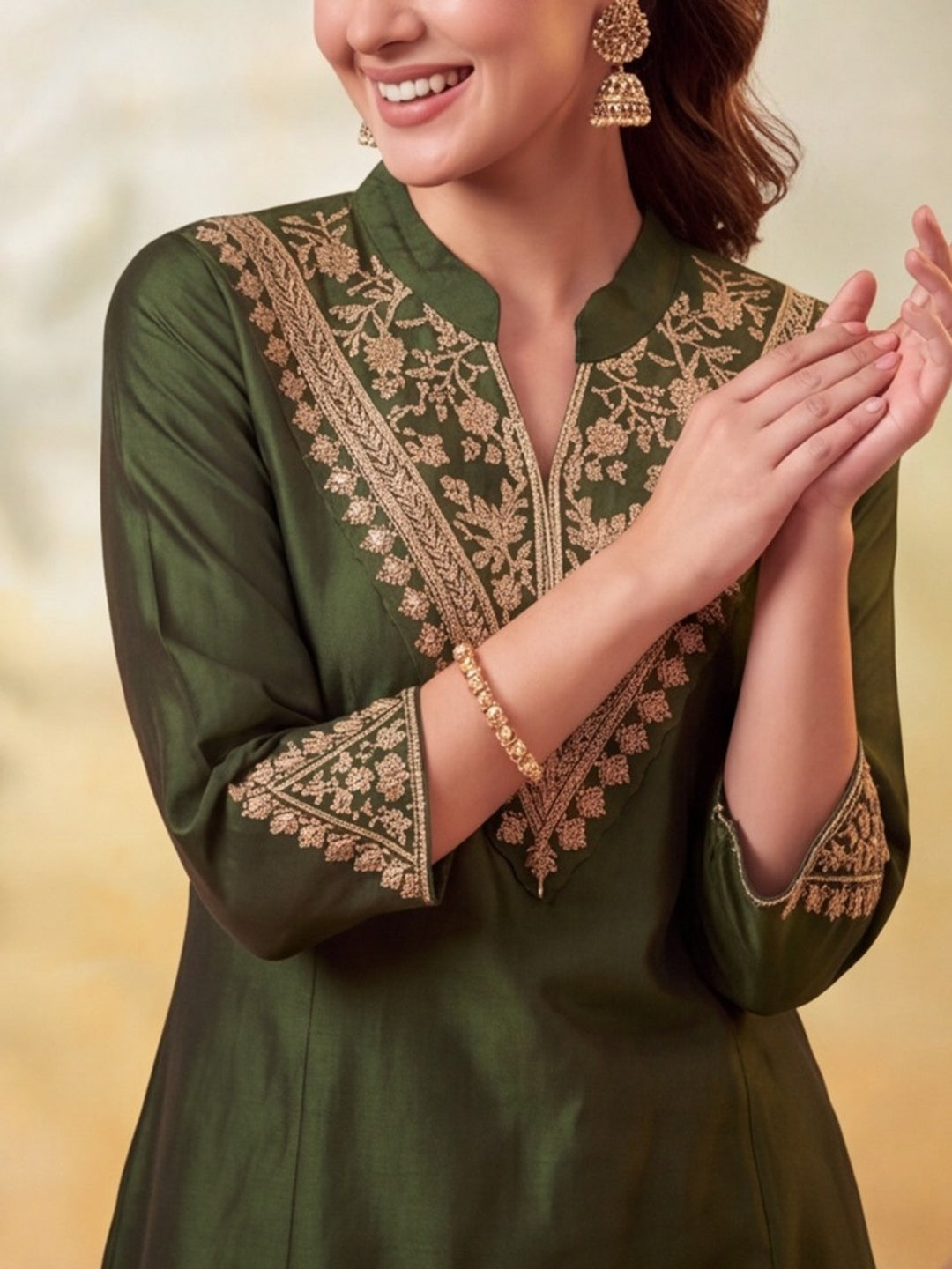 Women Embroidery Mehndi Green Kurta Set with Dupatta