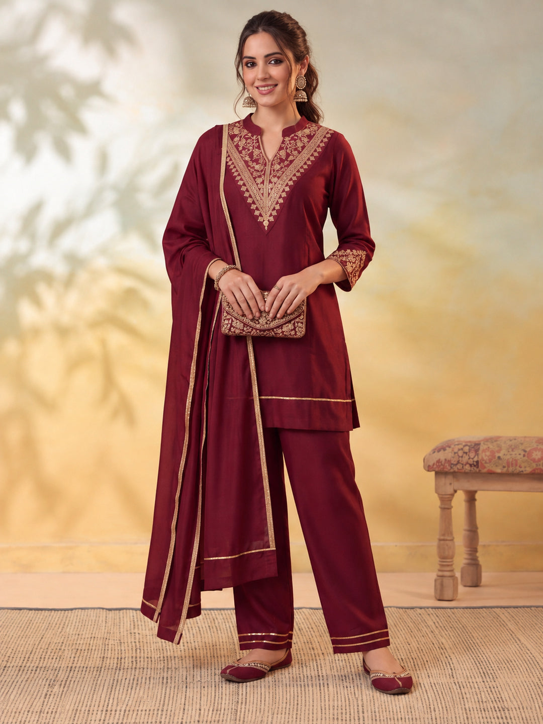 Women Embroidery Maroon Kurta Set with Dupatta