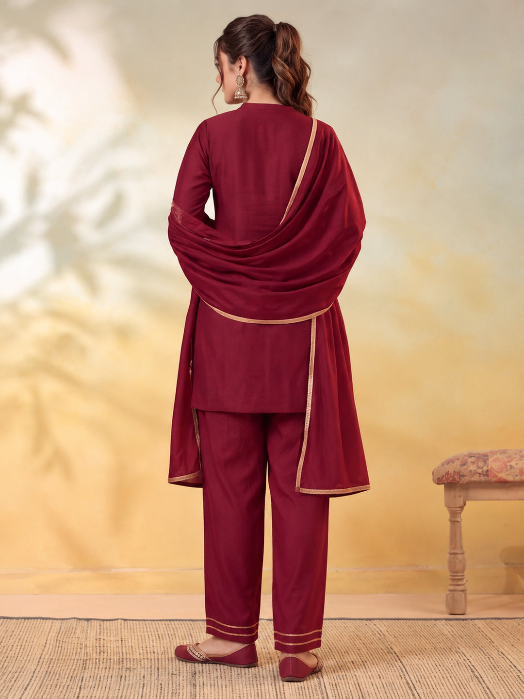 Women Embroidery Maroon Kurta Set with Dupatta