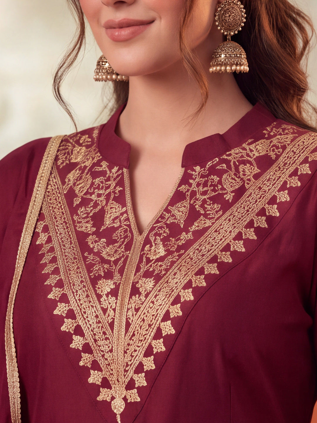 Women Embroidery Maroon Kurta Set with Dupatta