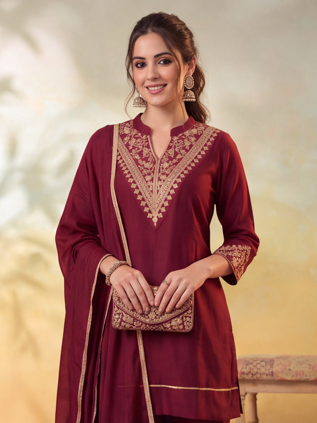 Women Embroidery Maroon Kurta Set with Dupatta