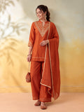 Women Embroidery Rust Kurta Set with Dupatta