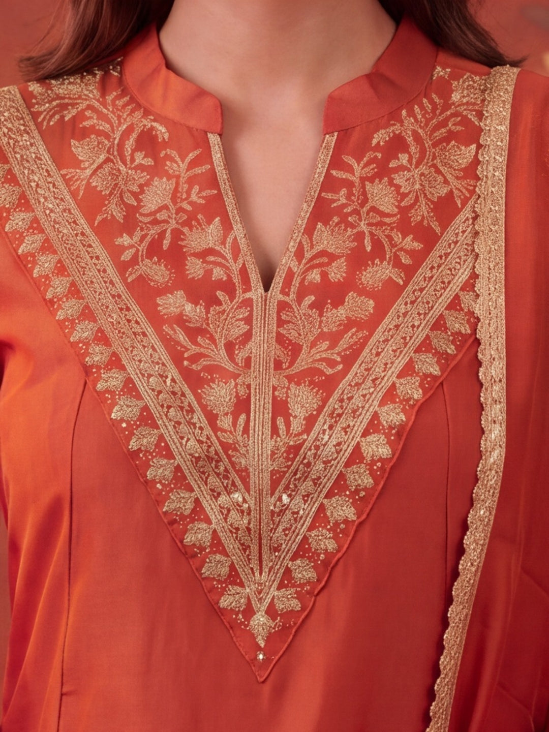 Women Embroidery Rust Kurta Set with Dupatta