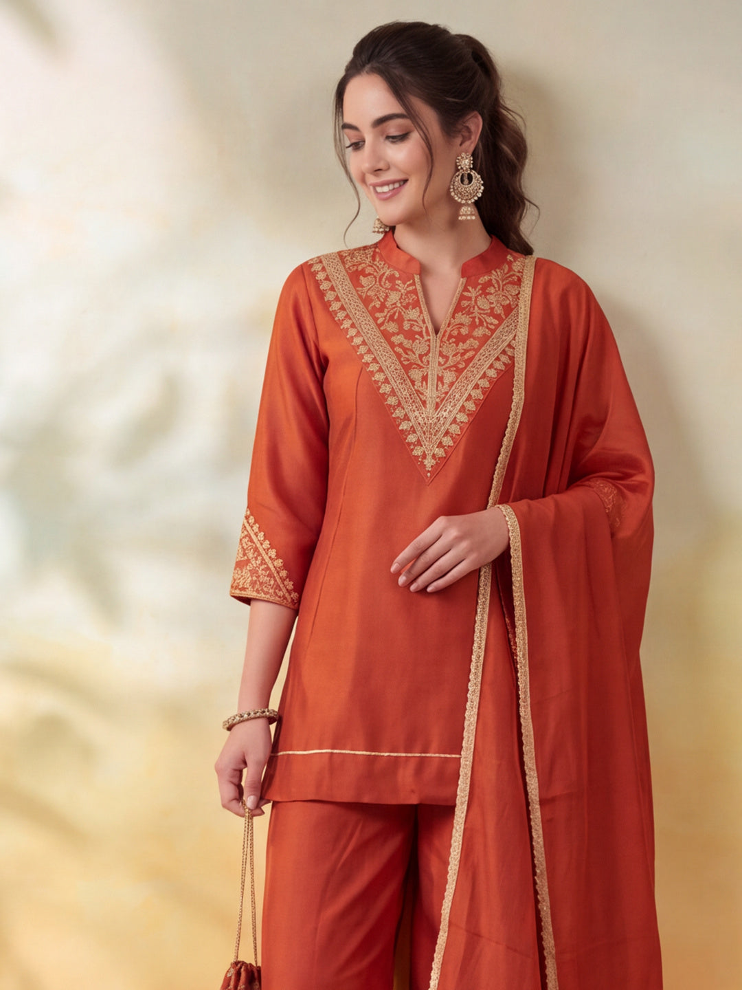 Women Embroidery Rust Kurta Set with Dupatta