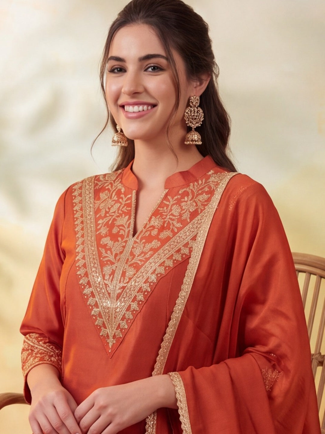 Women Embroidery Rust Kurta Set with Dupatta