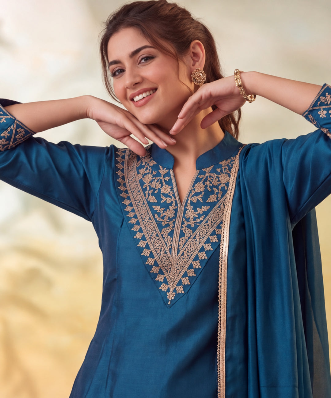 Women Embroidery Teal Kurta Set with Dupatta