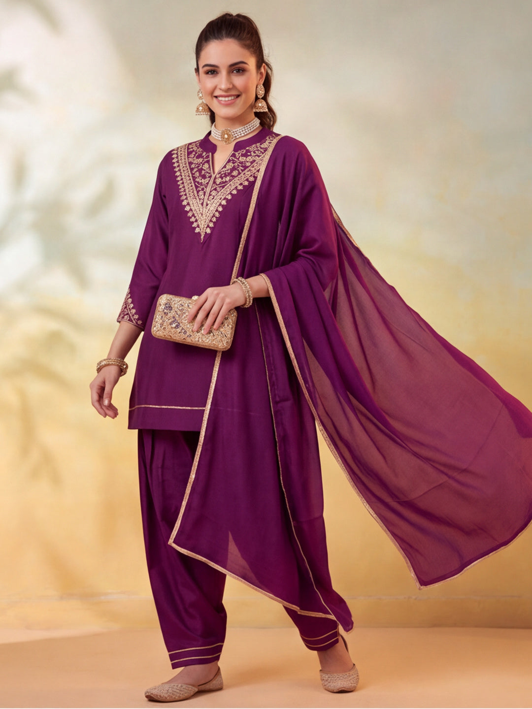 Women Embroidery Wine Kurta Set with Dupatta